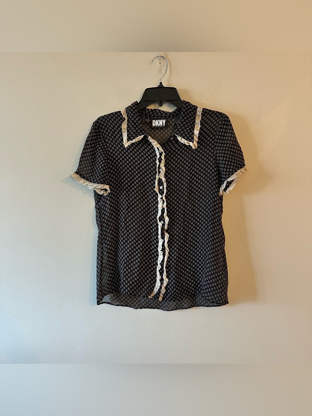 Vintage 90s DKNY Sheer Floral Dot Preppy Lace Trim Coquette Blouse 10 

Good use